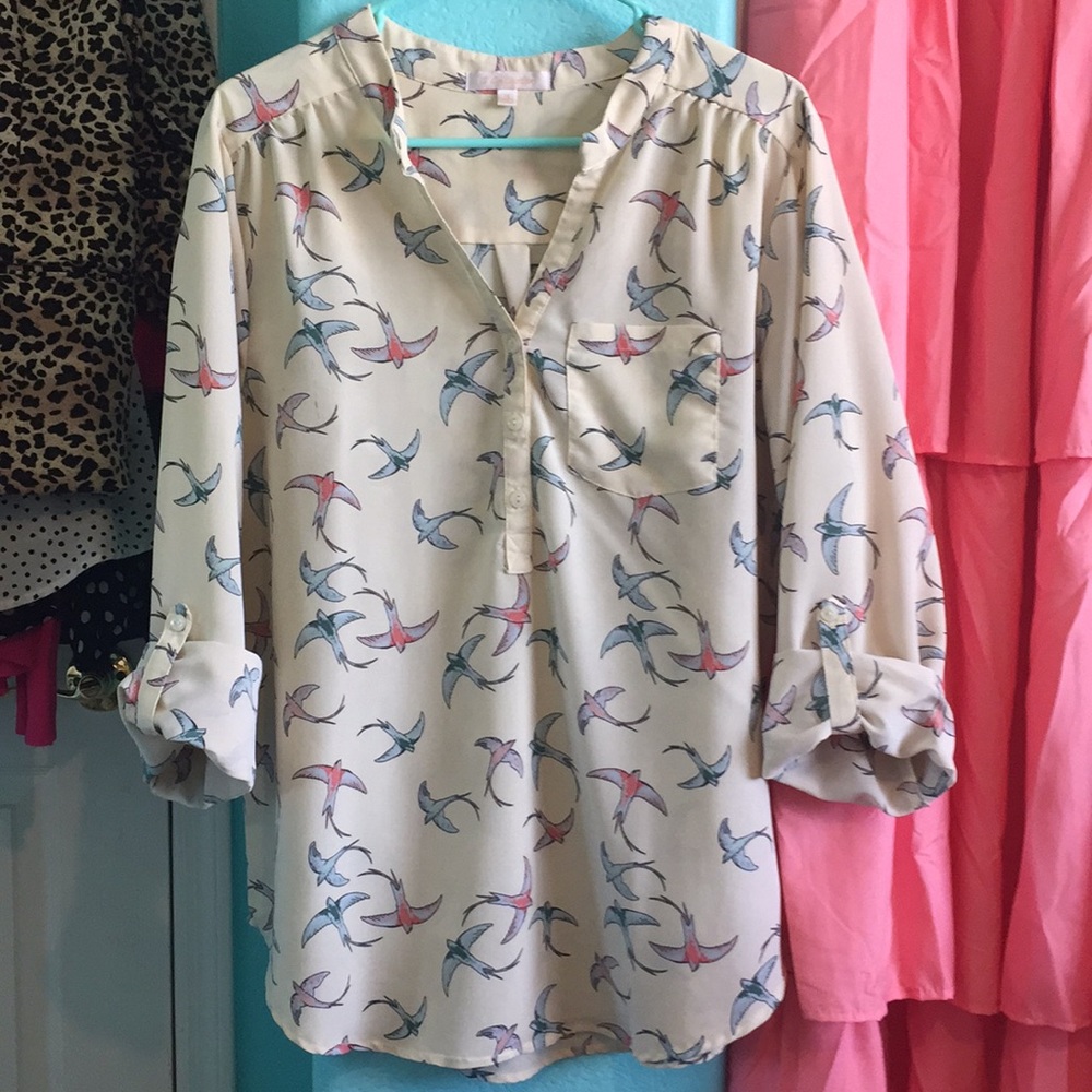 Cream Bird Print Button-Up Blouse!